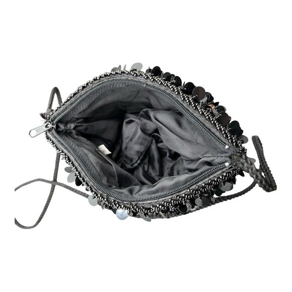 Vintage Black Sequin & Beaded Bag Evening Purse Strap Crossbody Zip Close EUC - Picture 6 of 9